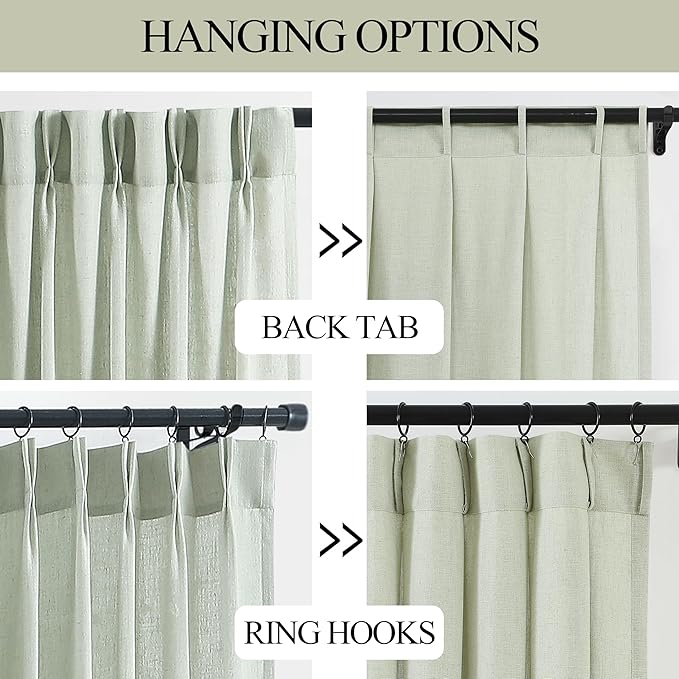 Vision Home Soft Green Pinch Pleated Semi Sheer Curtains Textured Linen Blended Light Filtering Window Curtains 72 inch for Living Room Bedroom Patio Pinch Pleat Drapes with Hooks 1 Panel 60" Wx72 L