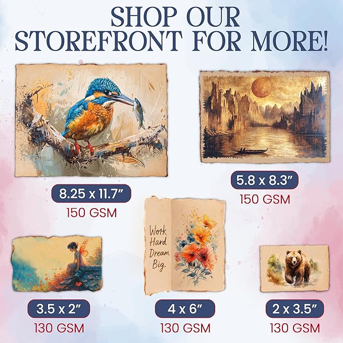Wanderings Handmade Antique Deckle Edge Blank Paper - 8.25 x 11.7 - A4 Size Package of 50 - Recycled Watercolor Mixed Media Loose Leaf Paper for Writers Invitations Crafts - Thick 150 GSM