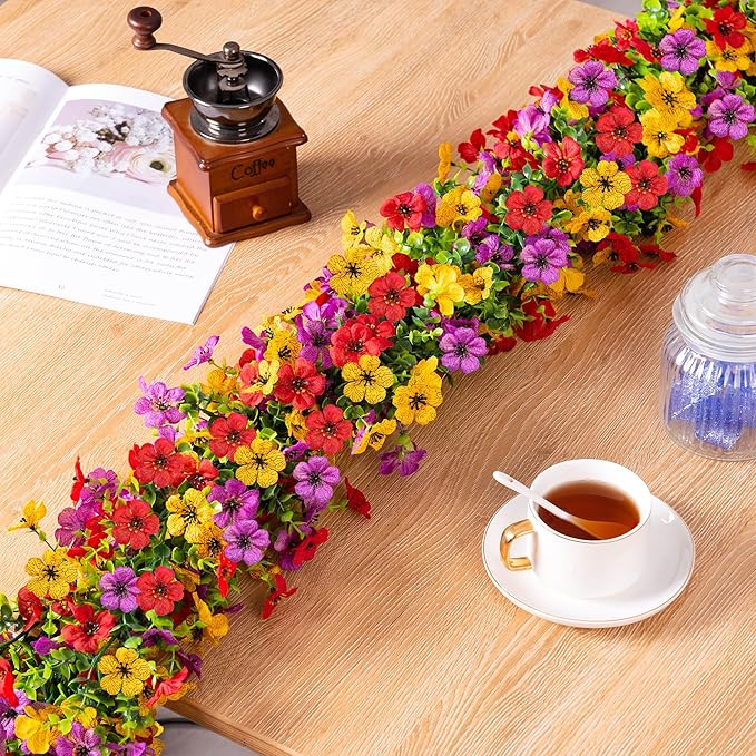 Artificial Flowers Garland Ivy, 4 Pack 5.9 FT Fall Decor UV Resistant Fake Mums Floral Vine Silk Daisy Hanging Flower for Home Garden Wedding Decor Photo Booth Backdrop(Red Purple Yellow)