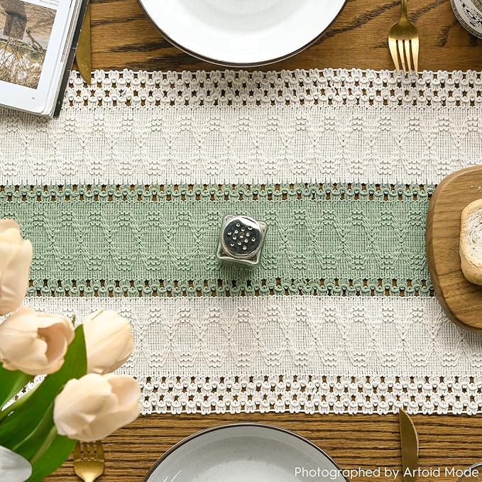 Artoid Mode Light Green Farmhouse Rustic Table Runner, Seasonal Holiday Hollow Kitchen Dining Table Decoration for Home Party Decor 12x108 Inch