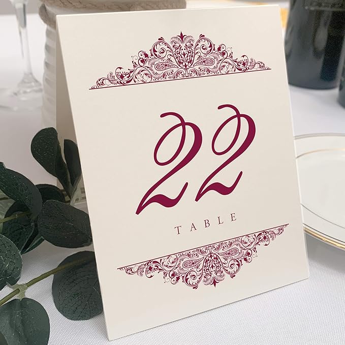 Paisley Wedding Table Numbers (Select Color/Quantity), Champagne, Burgundy, 1-10, Double Sided, Tent or Use in a Stand, Great for Parties & Restaurants - Made in the USA