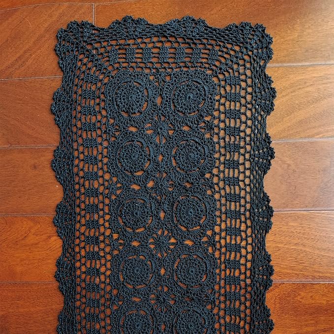 Phantomon Lace Table Runner Rectangular Table Cover Cloth Handmade Crochet Floral Placemats 100% Cotton (Floral Black, 15x39Inch)