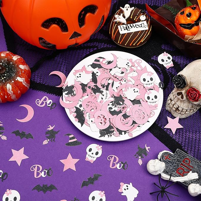 MARFOREVER Pink Halloween Confetti Glitter, Halloween BOO Witch Bat Pumpkin Ghost SkeletonTable Scatter Confetti Sprinkles for Halloween Birthday Party Supplies Decorations
