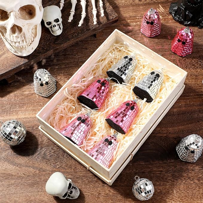 24 Pcs Halloween Disco Ghosts Decor Halloween Ornament Silver Mirror Disco Skeleton Tabletop Centerpiece for Holiday Cosplay Home Props Gift Party Decorations (Pink)