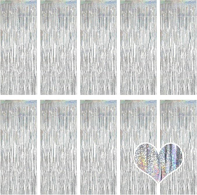 10 Pack Silver Backdrop Curtain 3.2ft x 8.2ft Metallic Tinsel Foil Fringe Curtains Photo Booth Background for Birthday Party Decoration Baby Shower Engagement Wedding Christmas Decoration (Silver)