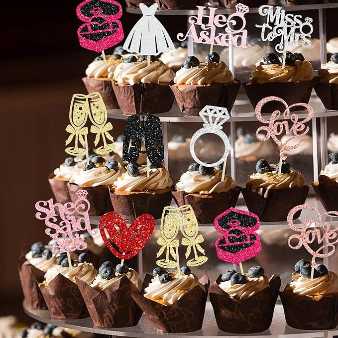Gyufise 30Pcs She Said Yes Cupcake Toppers Glitter Diamond Ring I Do Love Cupcake Picks Miss to Mrs He Asked Bridal Shower Wedding Engagement Bachelorette Cake Decoration Multicolor