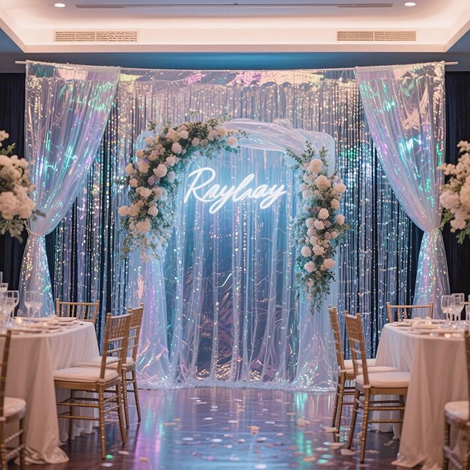 BTSD-home 4 Pack Iridescent Party Streamers Tinsel Foil Fringe Curtain Holographic Backdrop Metallic Shiny Photo Booth for Wedding Birthday Baby Shower Bachelorette Theme Party Decorations
