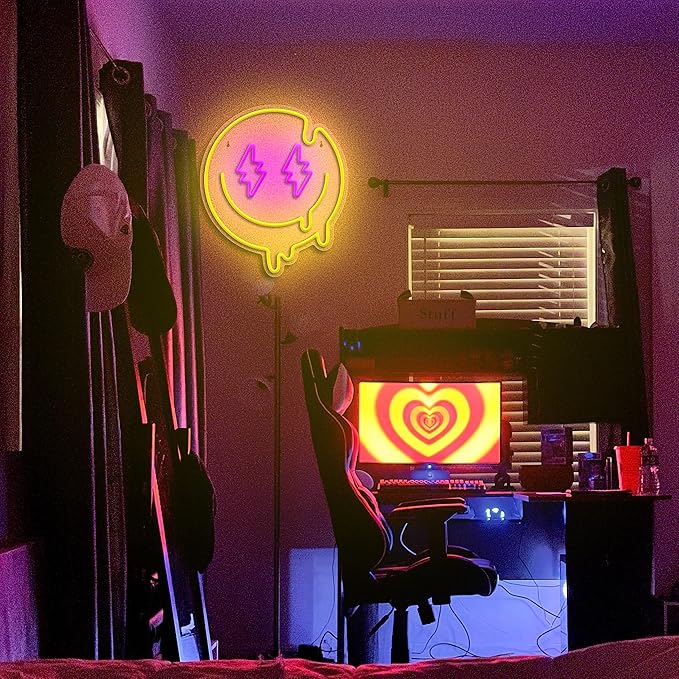 Melting Smile Face Neon Sign Dimmable Melted Smiling Face Neon Signs for Wall Decor Neon Smile Light Signs for Kids Room Party Bedroom Wall Art Decor USB Powered Holiday Gift