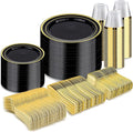 BESTVIP 600PCS Black Gold Dinnerware Set for 100 Guests, Plastic Plates for Halloween Party and Christmas, 100 Disposable Plates, 100 Dessert Plates, 100 Cups, 100 Spoons, 100 Forks and 100 Knives