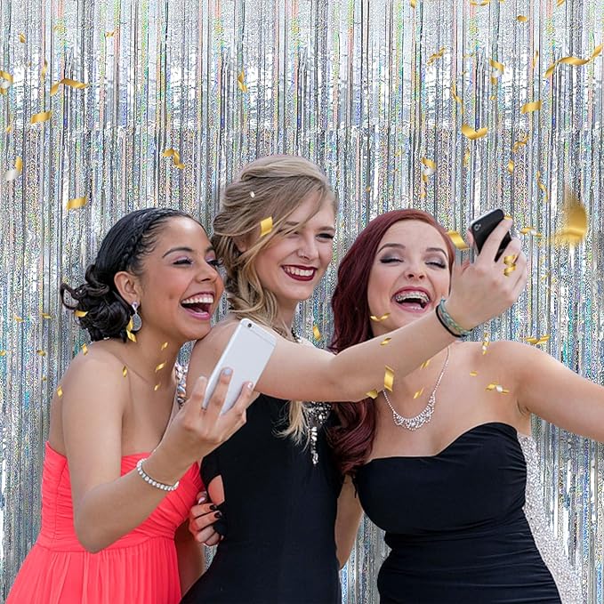 5 Pack Silver Glitter Streamers Party Decorations Tinsel Foil Fringe Curtains Christmas Birthday Bachelorette Party Wedding Decor Supplies