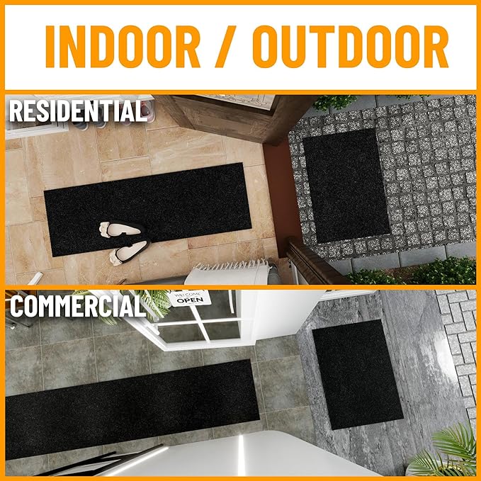 Ottomanson 2' x 25' Hallway Runner with Scraper Pile Extra Durable Non-Slip Rug Mat for Indoor & Outdoor Use - Ideal for Kitchen, Entryway, Patio & Garage - High-Traffic Carpet, Black