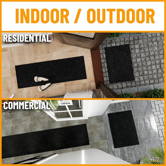 Ottomanson 2' x 14' Hallway Runner with Scraper Pile Extra Durable Non-Slip Rug Mat for Indoor & Outdoor Use - Ideal for Kitchen, Entryway, Patio & Garage - High-Traffic Carpet, Black
