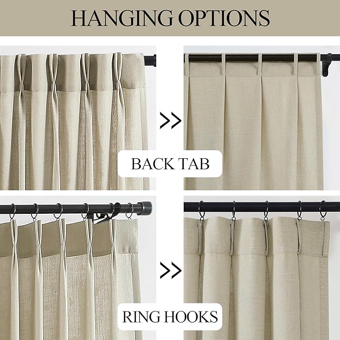 Vision Home Sand Pinch Pleated Semi Sheer Curtains Textured Linen Blended Light Filtering Window Curtains 102 inch for Living Room Bedroom Patio Pinch Pleat Drapes with Hooks 1 Panel 84" Wx102 L