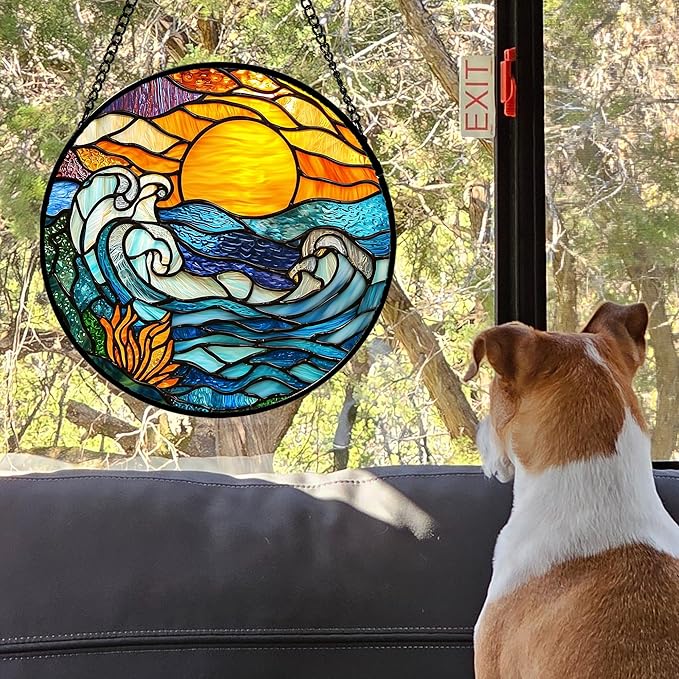 Stained Glass Window Hanging, Orange Sun Blue Sea Waves Landscape Suncatcher for Doors Window Home Sun Catchers Decor Mother's Day Birthday Gifts for Women, Men Mom 11.8 in