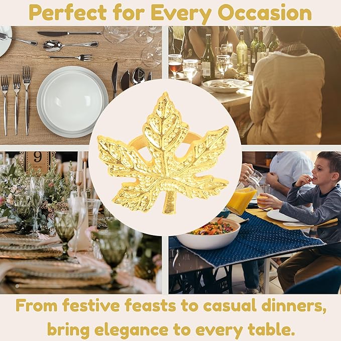 Elegant Handcrafted Leaf Napkin Rings - Set of 12 Premium Aluminum Holders for Dinner Parties, Weddings, Special Occasions & Everyday Dining (Gold) - CLEENTABLE