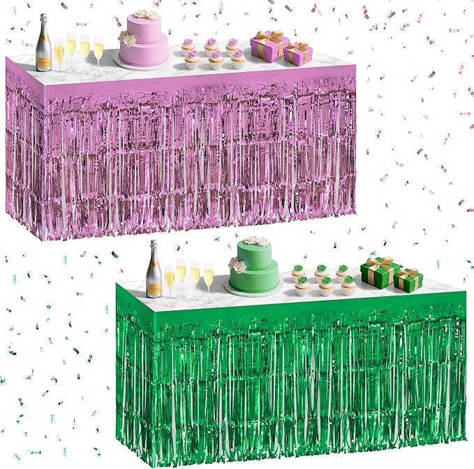 2 Pack Light Pink Green Table Skirts, 29x108" Metallic Foil Tinsel Fringe Table Skirt for Rectangle Tables Streamer Curtains Backdrop, Party Decorations for Birthdays, Weddings, Holidays