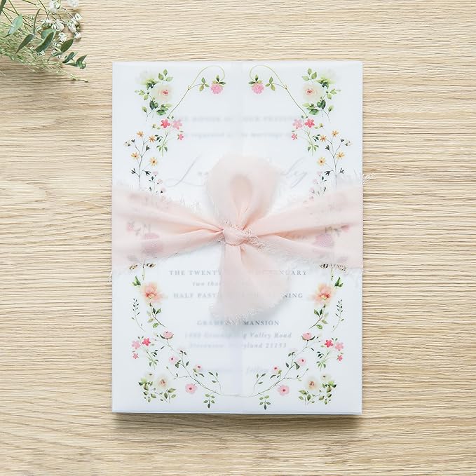 PONATIA 50PCS Vellum Jackets for 5x7 Invitation Cards- 135GSM Wild Flowers Printed Vellum Sleeves, Quinceanera Wedding Invitation Cards Wraps, Transparent Christmas Gift Cards Jackets