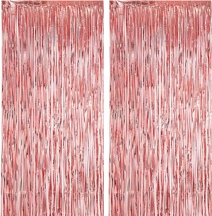 2 Pack Rose Gold Foil Fringe Backdrop Curtains, Tinsel Streamers Birthday Party Decorations, Fringe Backdrop for Graduation, Baby Shower, Gender Reveal, Disco Party