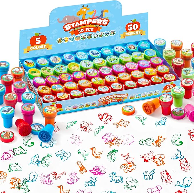 JOYIN 50 Pcs Animal Stamps for Kids, with 50 Different Designs, Farm,Sea Animals,Stamps for Crafting, Prize Box Toys for Classroom, Kids Party Favor, Goodie Bag, Halloween, Christmas