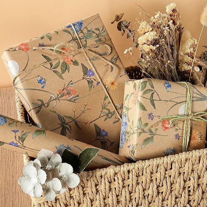 WRAPAHOLIC Kraft Floral Wrapping Paper Roll - Mini Roll - 17 Inch x 16.5 Feet - Wildflower Wrapping Paper Perfect for Girls Women Birthday, Wedding, Bridal Shower