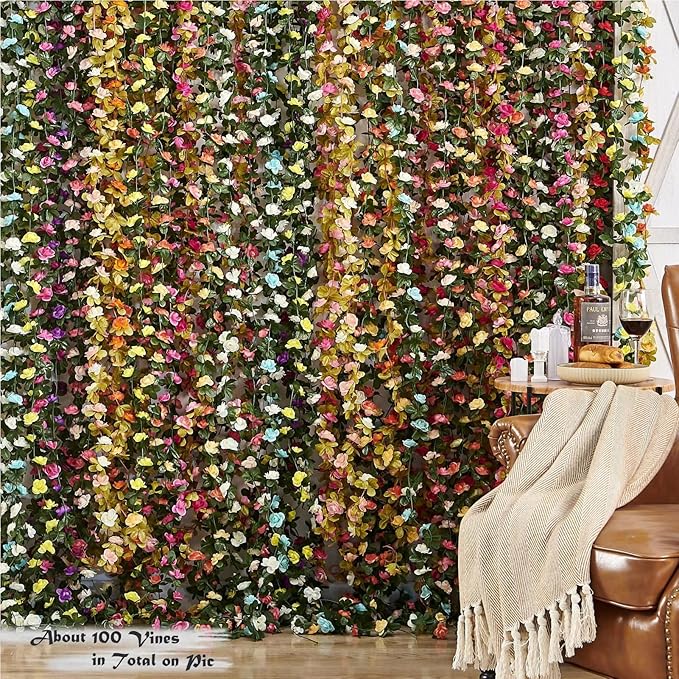 8 Pcs x 8.2 ft Flower Garland Artificial Rose Vine Flowers with Green Leaves Hanging Fake Roses Vine for Room Party Home Wedding Birthday Christmas Wall Arch Decor, White Blue Flower
