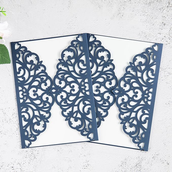 20Pcs Navy Blue Laser Cut Invitation Cards With Blank Inner Sheets for Wedding Cards Bridal Shower Engagement Quinceanera Invitation (No Envelopes)