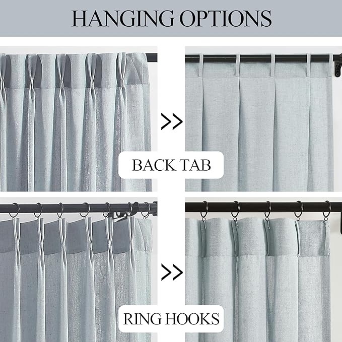 Vision Home Blue Grey Pinch Pleated Semi Sheer Curtains Textured Linen Blended Light Filtering Window Curtains 108 inch for Living Room Bedroom Pinch Pleat Drapes with Hooks 2 Panels 9ft 40" Wx108 L