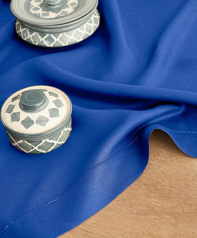 Solino Home Linen Square Tablecloth 52 x 52 Inch - 100% Pure Linen Royal Blue Table Throw - Classic Hemstitch, Machine Washable Table Cloth