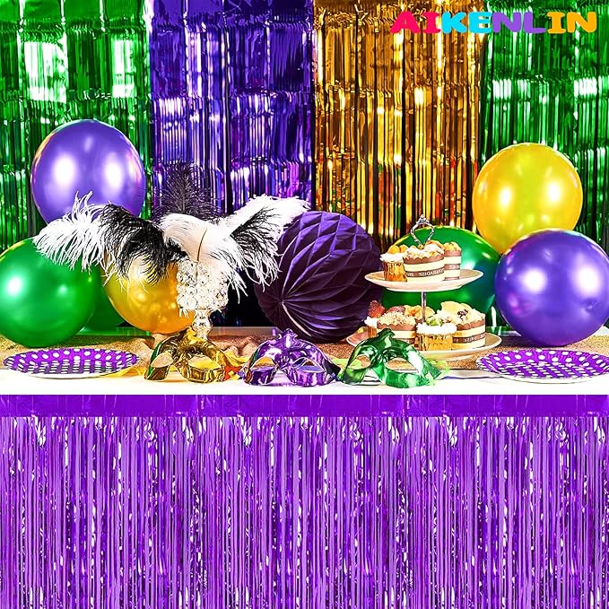 6 Pack 29x108 Inch Metallic Foil Fringe Tinsel Table Skirts Banner for Rectangle Tables Streamer Garland Curtains Backdrop for Wedding, Birthday, Parade Floats, Halloween Party Decoration(Purple)