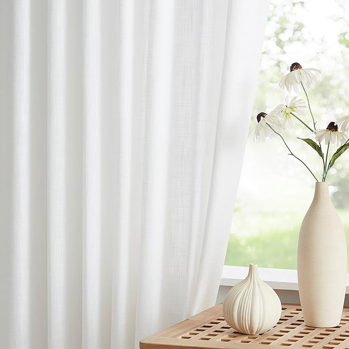 Vision Home White Pinch Pleated Semi Sheer Curtains Textured Light Filtering Window Curtains 108 inch for Living Room Bedroom Patio Rayon Blended Pinch Pleat Drapes with Hooks 1 Panel 60" Wx108 L