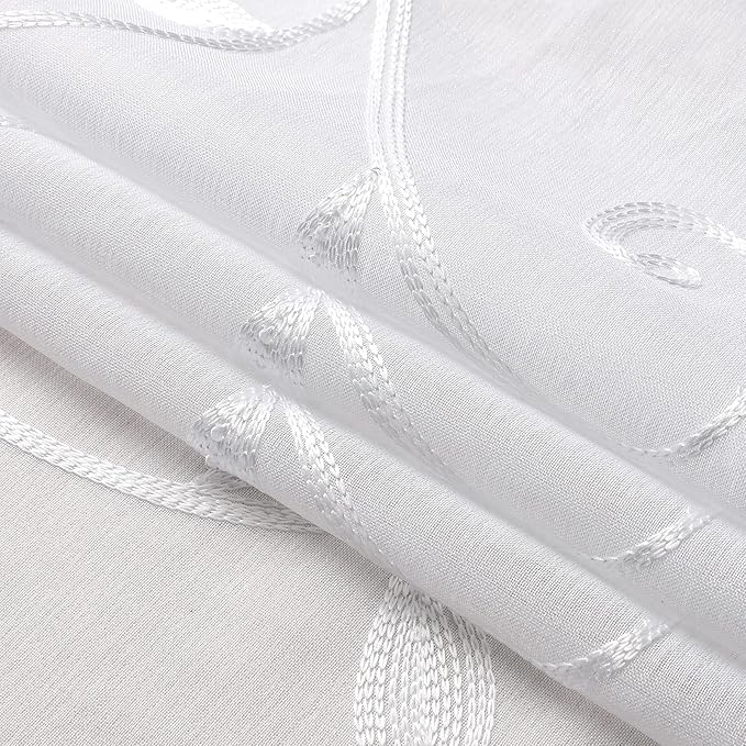VISIONTEX White Sheer Voile Curtains, Decorative Leaves Embroidery Faux Linen Rod Pocket Window Drapes for Home Kitchen, Living Room and Bedroom 26 x 36 Inch, Set of 2 Curtain Panels