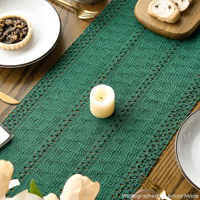 Artoid Mode Dark Green Farmhouse Woven Rustic Hollow Table Runner, Seasonal Holiday Kitchen Dining Table Decoration for Home Party Decor 12x36 Inch