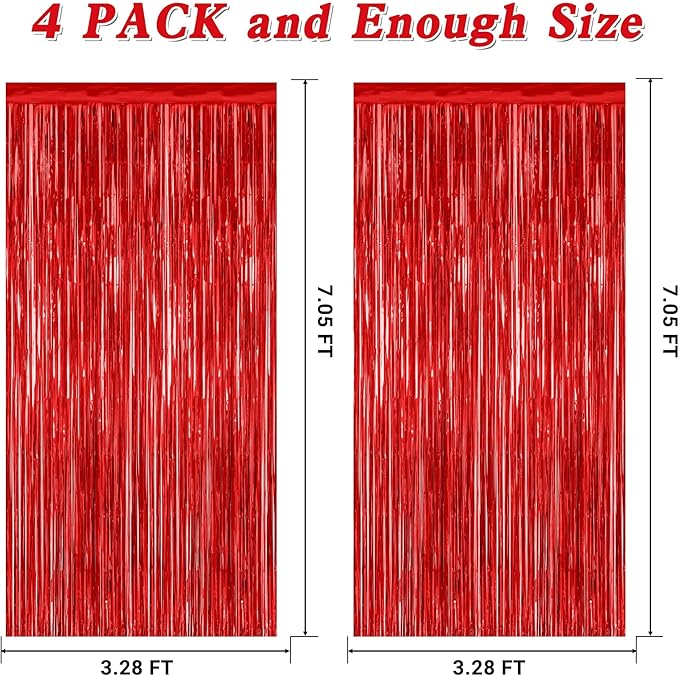 4 Pack Red Backdrop, 3.28 FT x 7.05 FT Party Streamer, Metallic Birthday Tinsel Backdrop Foil Fringe Curtains, Door Streamer for Red Party Decorations Casino Decor Photo Booth Props