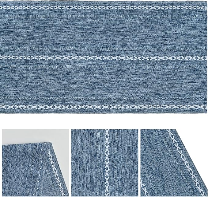 Artoid Mode Blue Rustic Cotton Linen Table Runner, Seasonal Embroidered Hollow Kitchen Dining Table Decoration for Home Party Decor 13x90 Inch