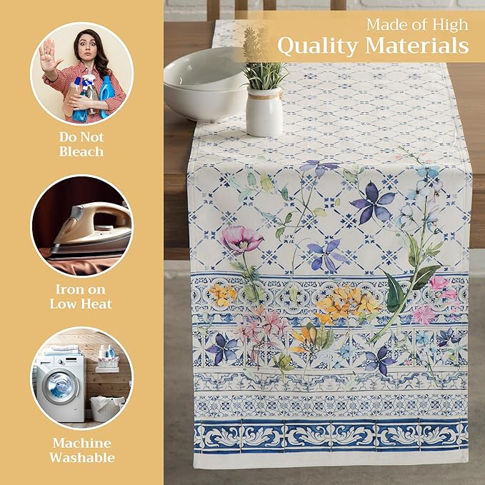 Maison d' Hermine Table Runner 100% Cotton Double Layer Table Runners 108 inches Long Decorative for Home Kitchen Dining Party Baby Shower Wedding Bridal Shower Spring Summer (Faience, 14.50" x 108")