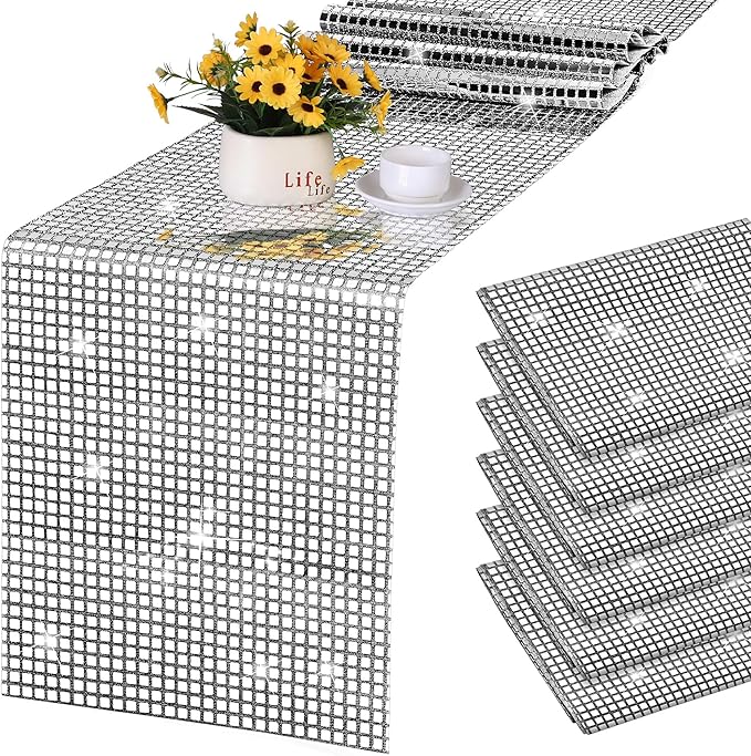 Durony 6 Pack Disco Party Table Runners, 11 x 108 Inch Silver Glitter Foil with Sparkle Sequin, Ideal for Bachelorette, 70s, Disco, Cowgirl Parties