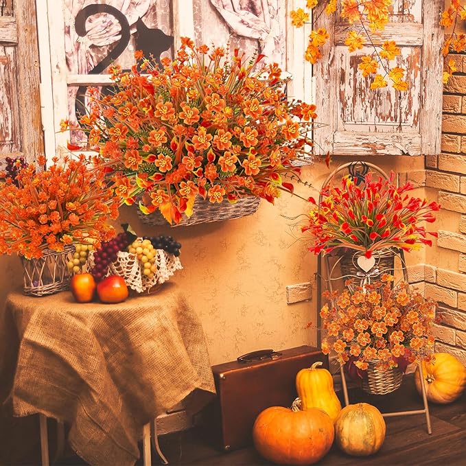 16Pcs Outdoor Fall Flowers UV Resistant Artificial Fall Flowers Autumn Plastic Flowers Plants Fall Greenery Shrubs for Outside Garden Front Porch Patio Thanksgiving Decor