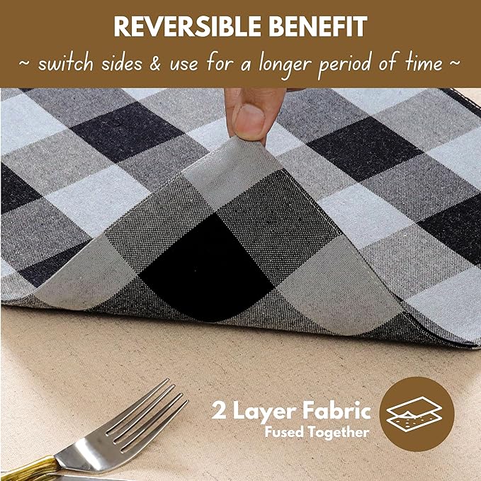 Native Fab Table Runner Buffalo Check Plaid 100% Cotton - 13x72 Inches Kitchen Dining Table Decoration for Indoor Outdoor Farmhouse Home Party Decor - Black, Grey
