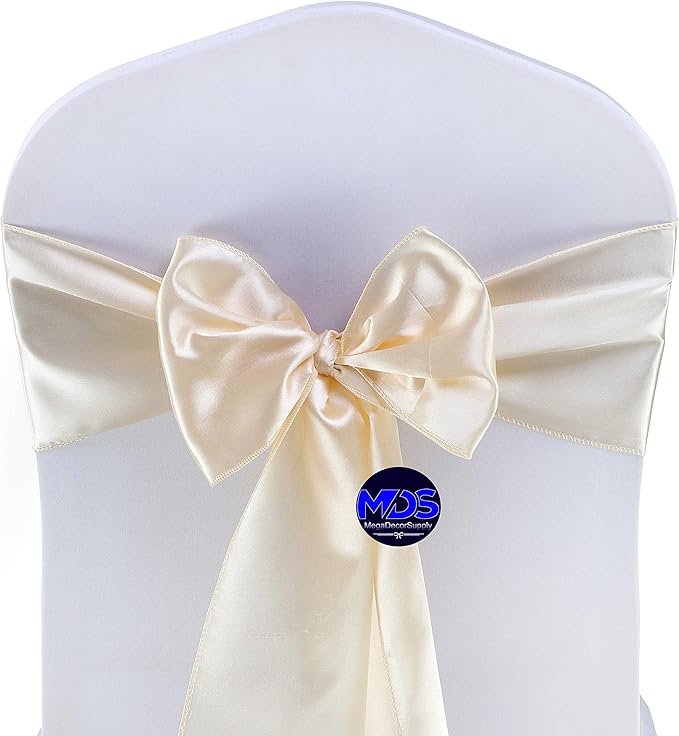 MDS Pack of 50 PCS Satin Chair Sashes Charmeuse Sateen Dining Chair Bows Ribbon Ties Back Sash for Wedding Party Birthday Home Hotel Restaurant Banquet Decoration (7 x 108 Inch, Cream)