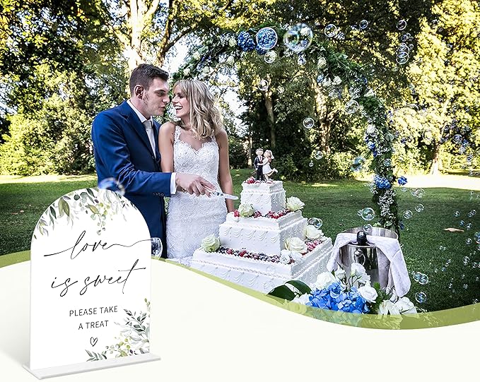 Greenery Love is Sweet Sign, 6 x 8 Inch White Arch Acrylic Wedding Sign with Holder, Wedding Sign for Ceremony and Reception, Wedding Decoration, Wedding Supplies - LY07