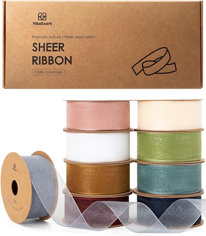 Vitalizart 1" x 90Yd Organza Ribbon Mixed Color Sheer Ribbons Set 10 Yd x 9 Rolls Handmade for Gift Wrapping Christmas Tree Crafts Bows Wedding Invitations Wreaths Wrap