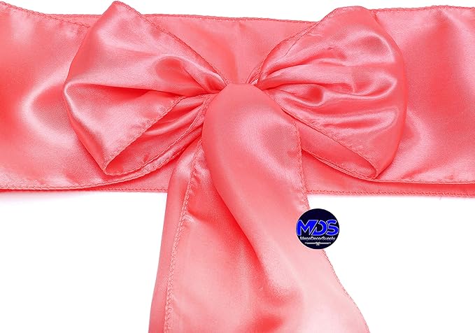 MDS Pack of 50 PCS Satin Chair Sashes Charmeuse Sateen Dining Chair Bows Ribbon Ties Back Sash for Wedding Party Birthday Home Hotel Restaurant Banquet Decoration (7 x 108 Inch, Coral)