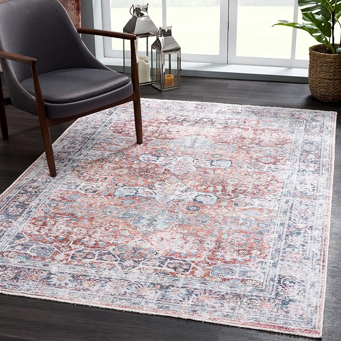 Bloom Rugs Caria Washable Non-Slip 3x5 Rug - Brick/Dark Blue Traditional Area Rug for Living Room, Bedroom, Dining Room, and Kitchen - Exact Size: 3' x 5'