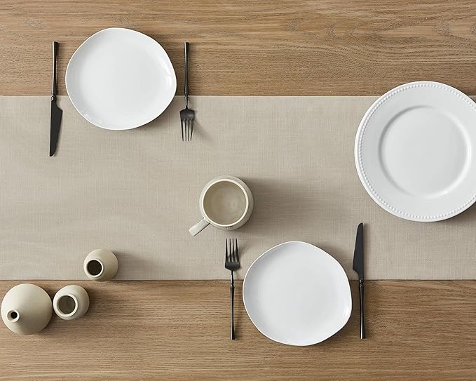 ZeeMart Linen Textured Border Table Runner, 14 x 36 Inch Natural, Farmhouse Style Neutral Table Runners 36 Inches Long, Easy Care Everyday Polyester Table Runner